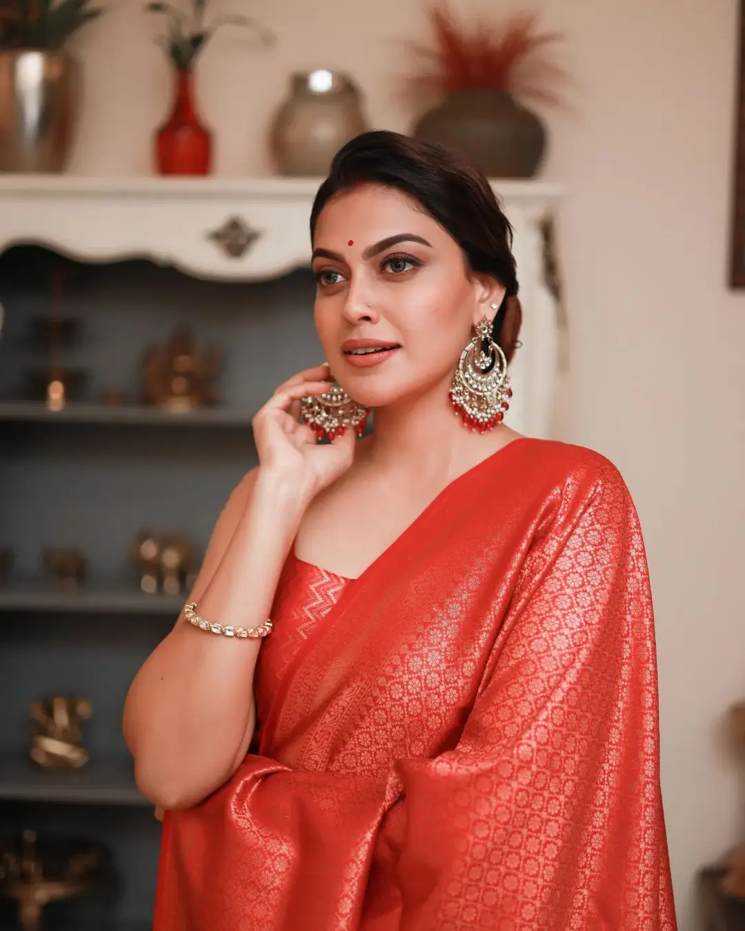 Indian Actress Anusree Nair in Red Color Saree Sleeveless Blouse